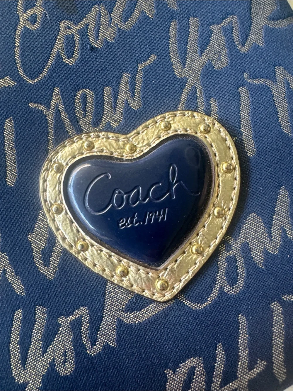 Coach Navy Script Signature padded clutch or iPad bag with Gold Heart Trim